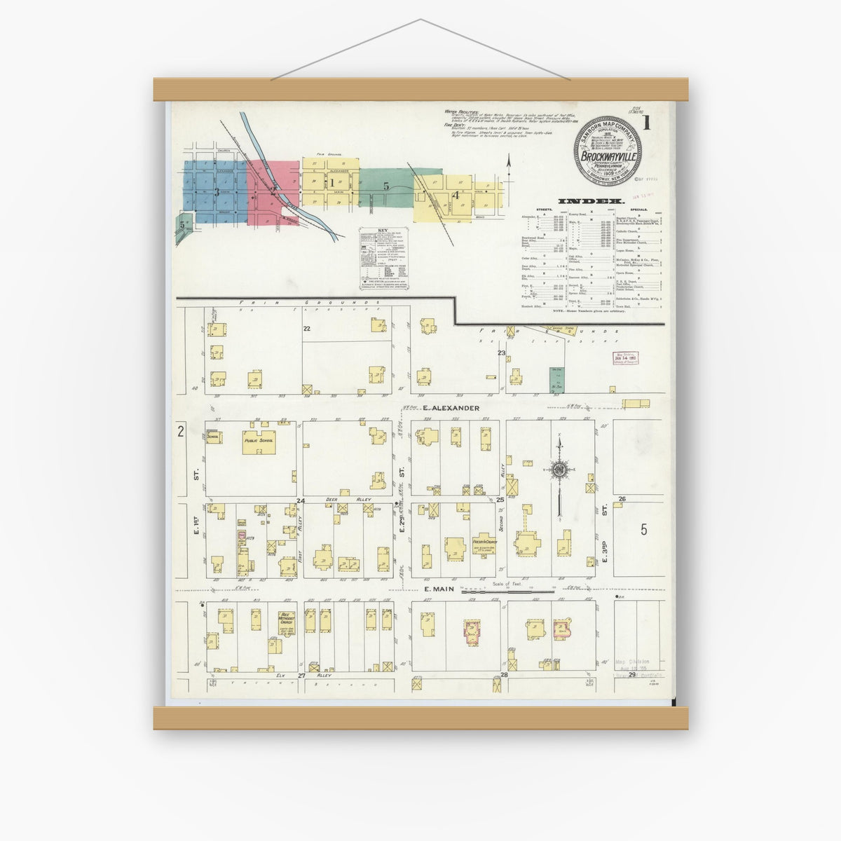 Old map wall art mockup — magnetic wood frame on white wall — Sanborn Fire Insurance Map from Brockway, Jefferson County, Pennsylvania (1909), Sheet #0001