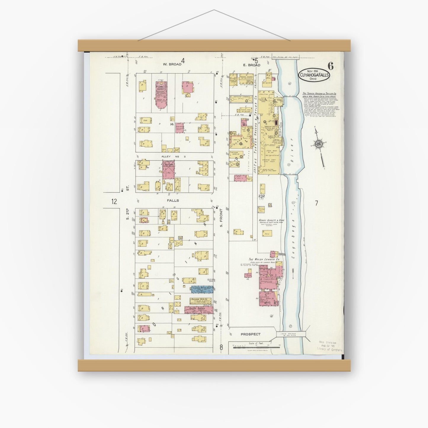 Old map wall art mockup — magnetic wood frame on white wall — Sanborn Fire Insurance Map from Cuyahoga Falls, Summit County, Ohio (1916), Sheet #0006