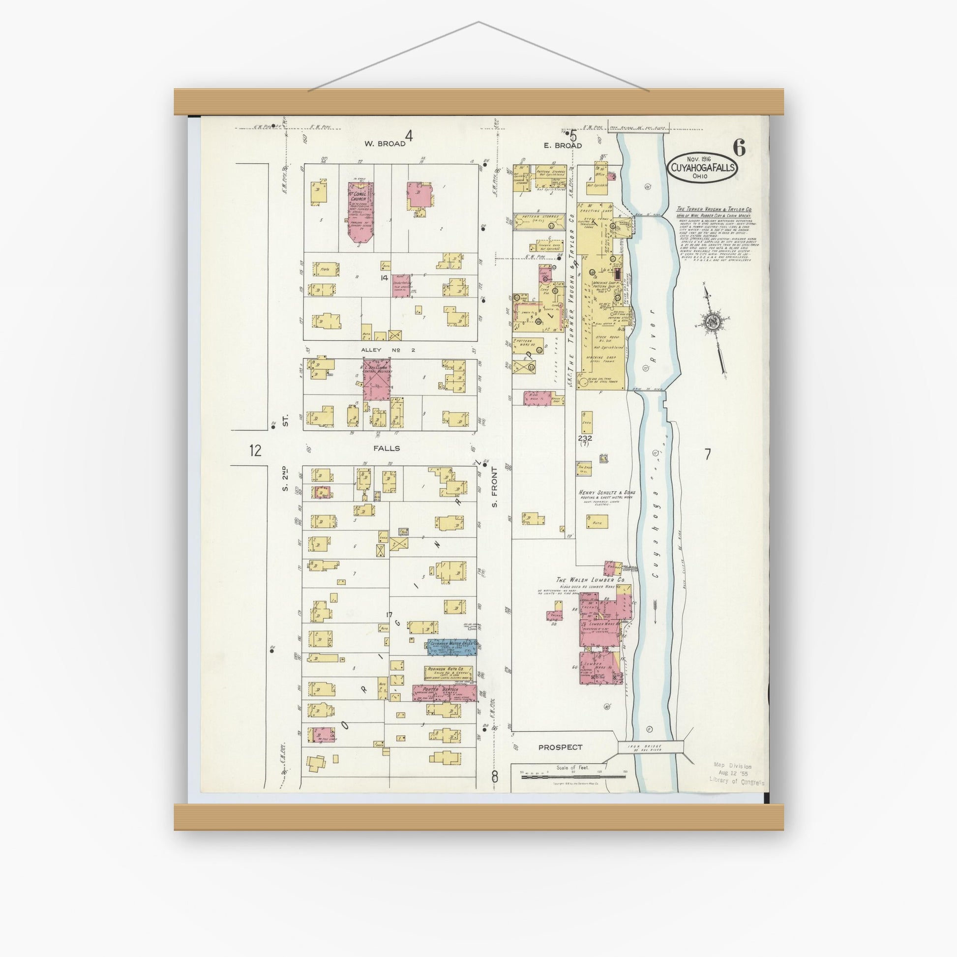 Old map wall art mockup — magnetic wood frame on white wall — Sanborn Fire Insurance Map from Cuyahoga Falls, Summit County, Ohio (1916), Sheet #0006