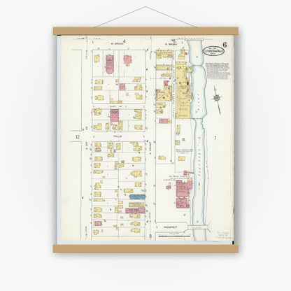 Old map wall art mockup — magnetic wood frame on white wall — Sanborn Fire Insurance Map from Cuyahoga Falls, Summit County, Ohio (1916), Sheet #0006