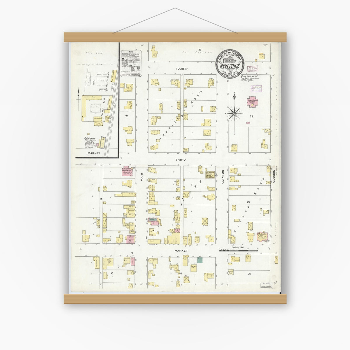 Old map wall art mockup — magnetic wood frame on white wall — Sanborn Fire Insurance Map from New Paris, Elkhart County, Indiana (1909), Sheet #0001