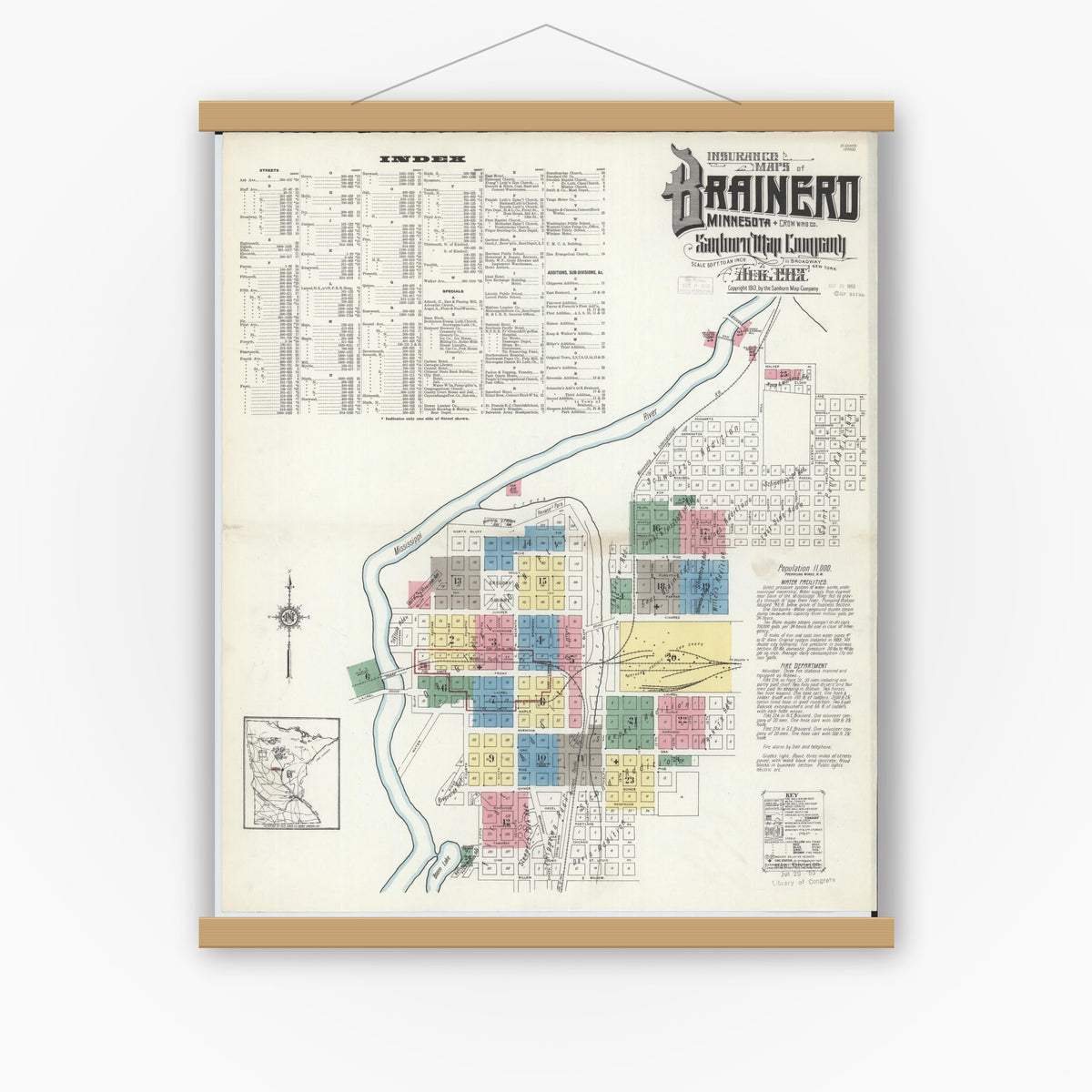 Old map wall art mockup — magnetic wood frame on white wall — Sanborn Fire Insurance Map from Brainerd, Crow Wing County, Minnesota (1913) - Complete Map Set