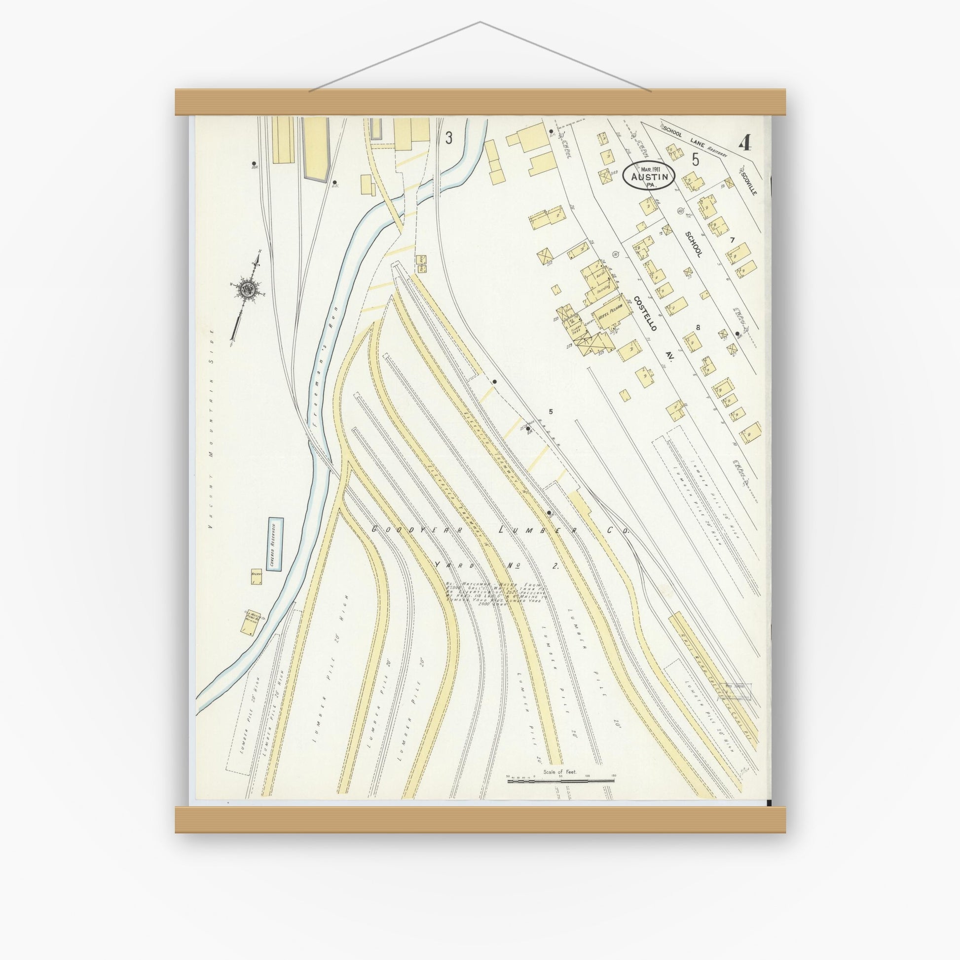 Old map wall art mockup — magnetic wood frame on white wall — Sanborn Fire Insurance Map from Austin, Potter County, Pennsylvania (1911), Sheet #0004