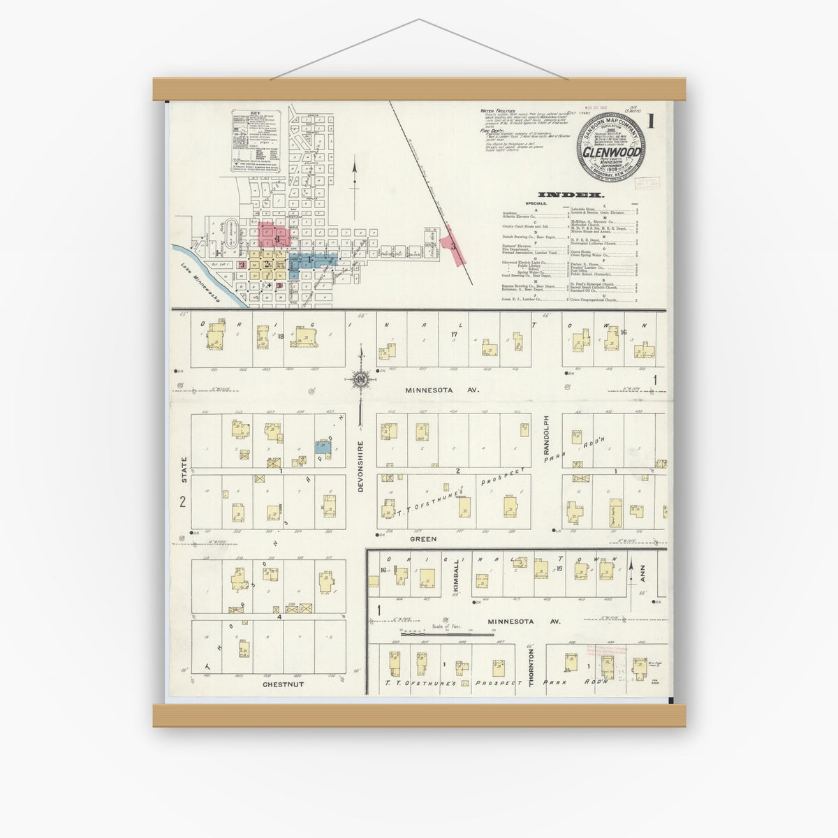 Old map wall art mockup — magnetic wood frame on white wall — Sanborn Fire Insurance Map from Glenwood, Pope County, Minnesota (1909), Sheet #0001