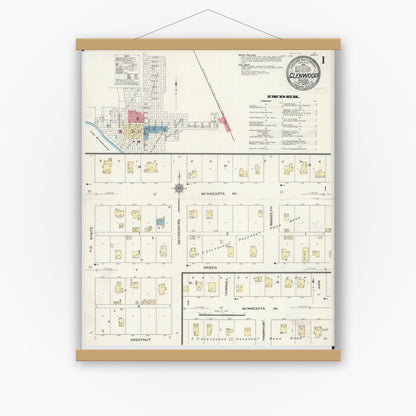Old map wall art mockup — magnetic wood frame on white wall — Sanborn Fire Insurance Map from Glenwood, Pope County, Minnesota (1909), Sheet #0001