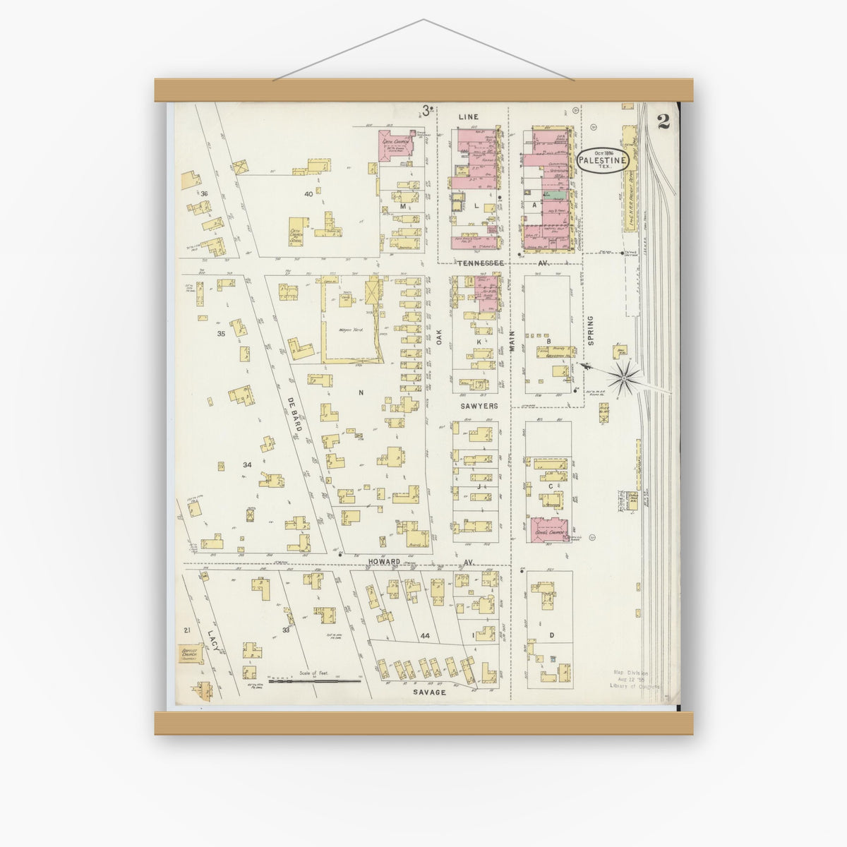 Old map wall art mockup — magnetic wood frame on white wall — Sanborn Fire Insurance Map from Palestine, Anderson County, Texas (1896), Sheet #0002