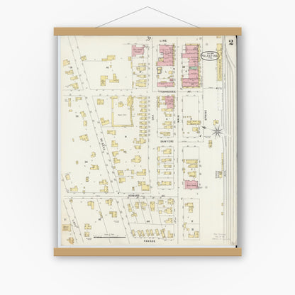 Old map wall art mockup — magnetic wood frame on white wall — Sanborn Fire Insurance Map from Palestine, Anderson County, Texas (1896), Sheet #0002