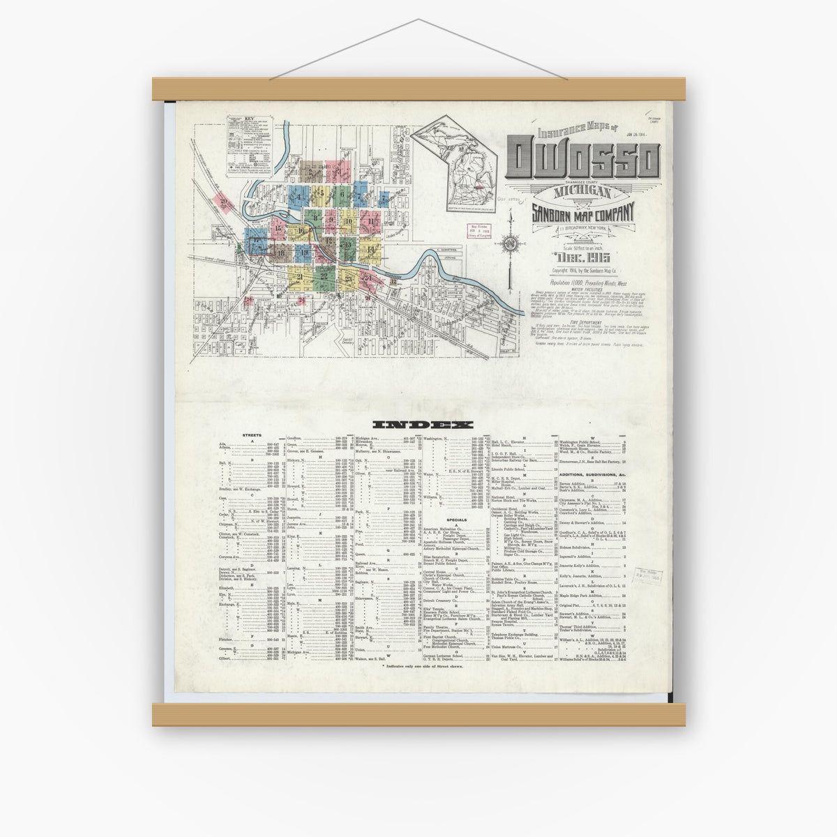 Old map wall art mockup — magnetic wood frame on white wall — Sanborn Fire Insurance Map from Owosso, Shiawassee County, Michigan (1915) - Complete Map Set
