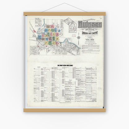 Old map wall art mockup — magnetic wood frame on white wall — Sanborn Fire Insurance Map from Owosso, Shiawassee County, Michigan (1915) - Complete Map Set