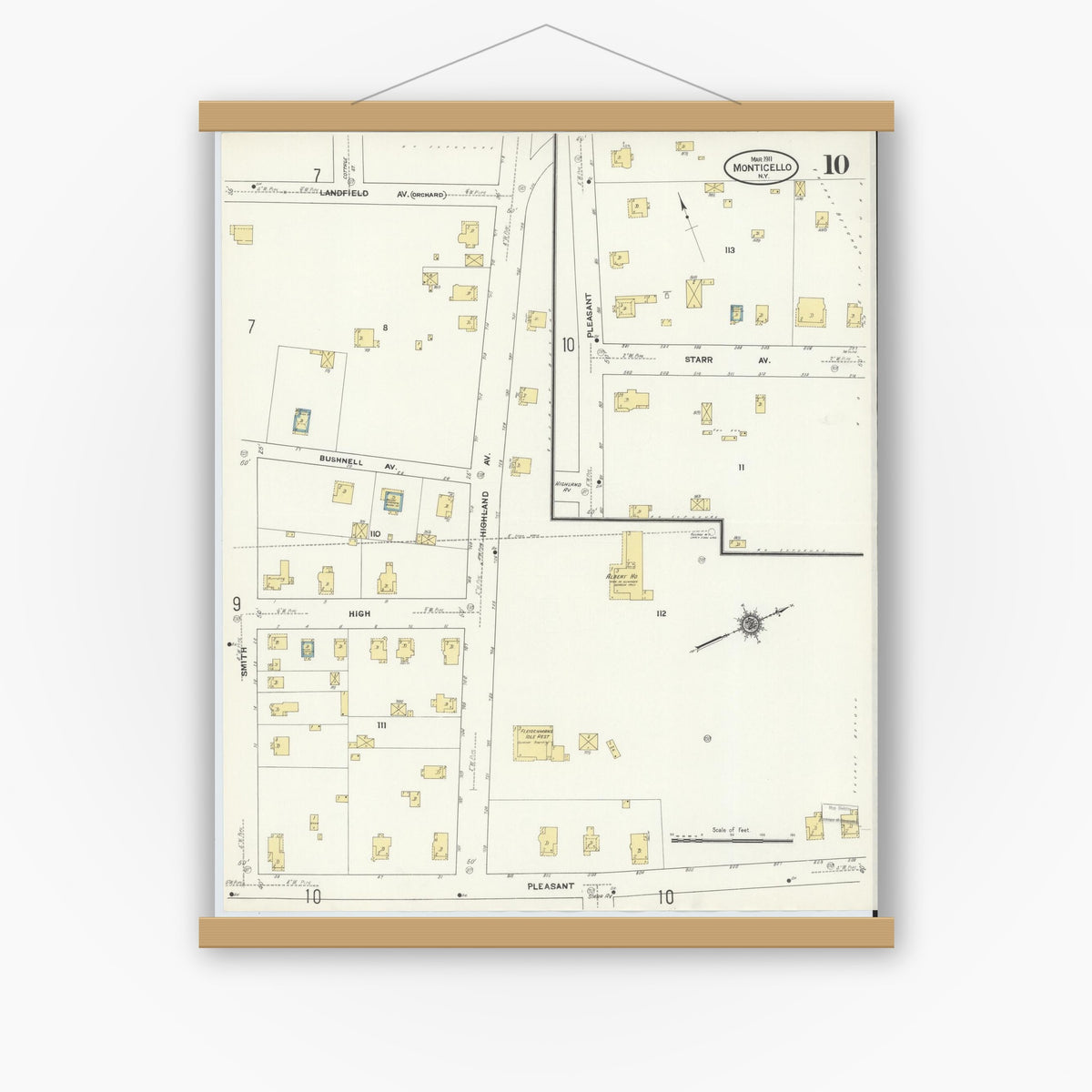 Old map wall art mockup — magnetic wood frame on white wall — Sanborn Fire Insurance Map from Monticello, Sullivan County, New York (1911), Sheet #0010