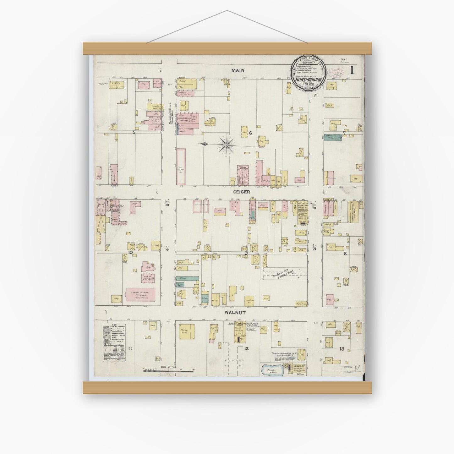 Old map wall art mockup — magnetic wood frame on white wall — Sanborn Fire Insurance Map from Huntingburg, Dubois County, Indiana (1890) - Complete Map Set
