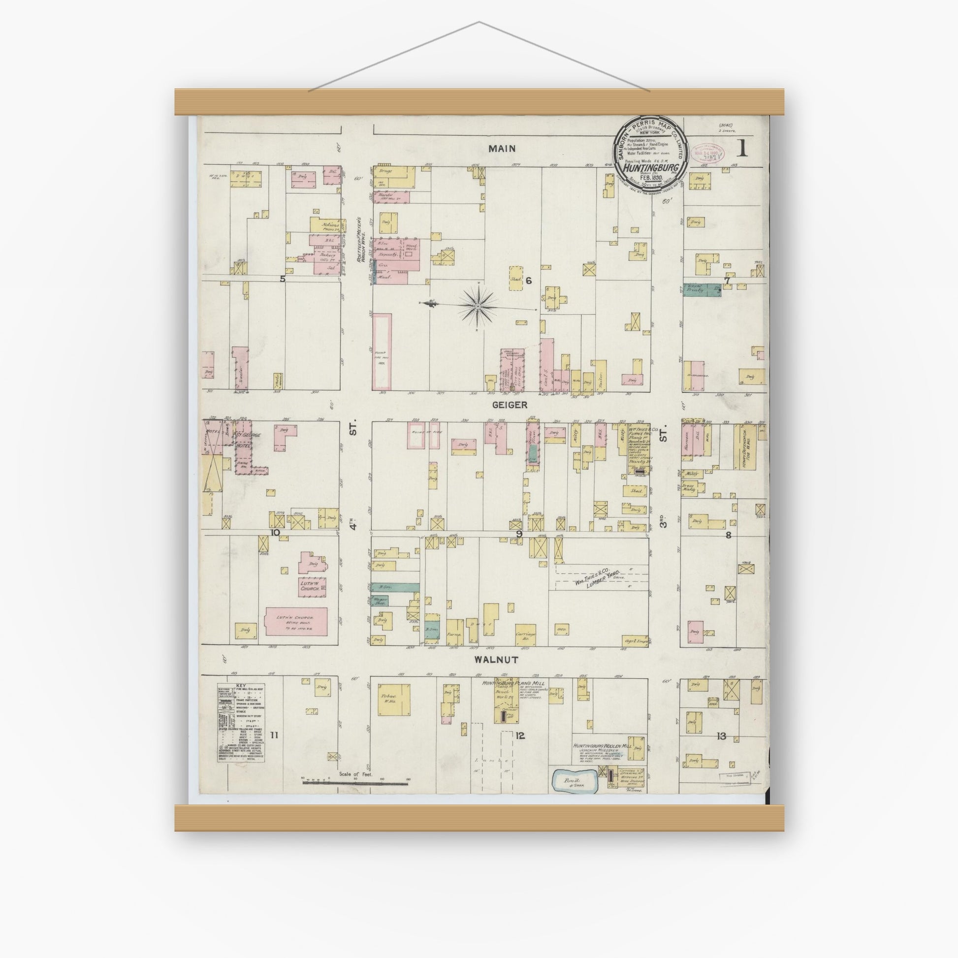 Old map wall art mockup — magnetic wood frame on white wall — Sanborn Fire Insurance Map from Huntingburg, Dubois County, Indiana (1890) - Complete Map Set