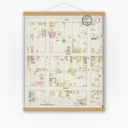 Old map wall art mockup — magnetic wood frame on white wall — Sanborn Fire Insurance Map from Huntingburg, Dubois County, Indiana (1890) - Complete Map Set