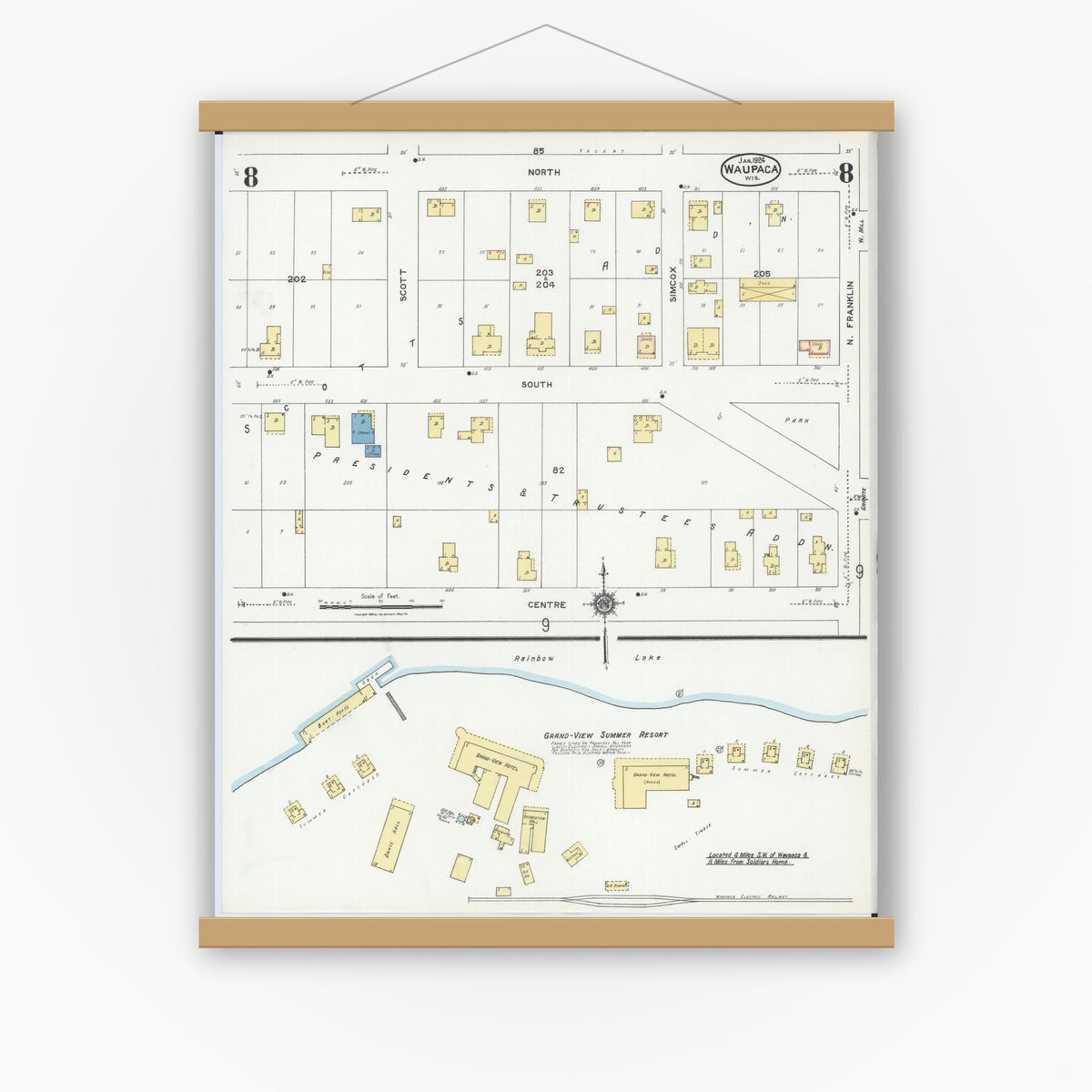 Old map wall art mockup — magnetic wood frame on white wall — Sanborn Fire Insurance Map from Waupaca, Waupaca County, Wisconsin (1924), Sheet #0008