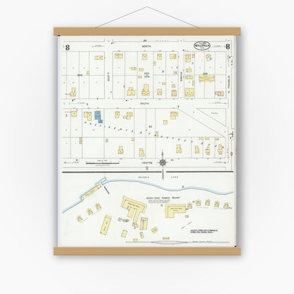 Old map wall art mockup — magnetic wood frame on white wall — Sanborn Fire Insurance Map from Waupaca, Waupaca County, Wisconsin (1924), Sheet #0008