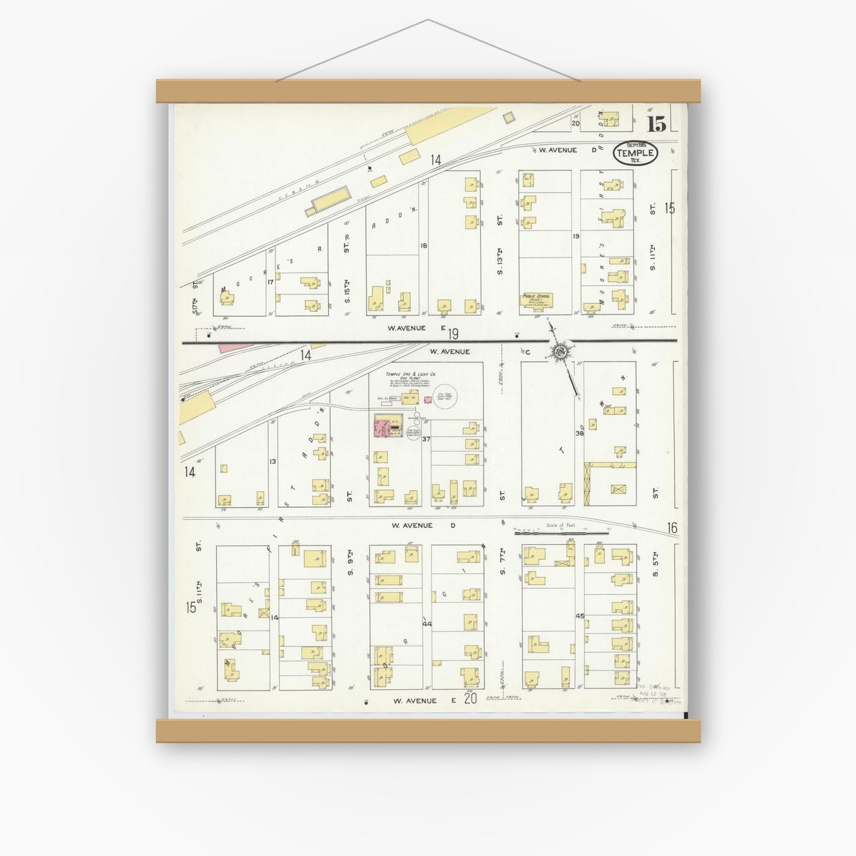 Old map wall art mockup — magnetic wood frame on white wall — Sanborn Fire Insurance Map from Temple, Bell County, Texas (1915), Sheet #0015