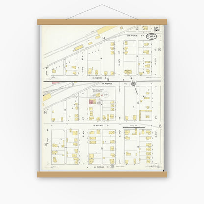 Old map wall art mockup — magnetic wood frame on white wall — Sanborn Fire Insurance Map from Temple, Bell County, Texas (1915), Sheet #0015