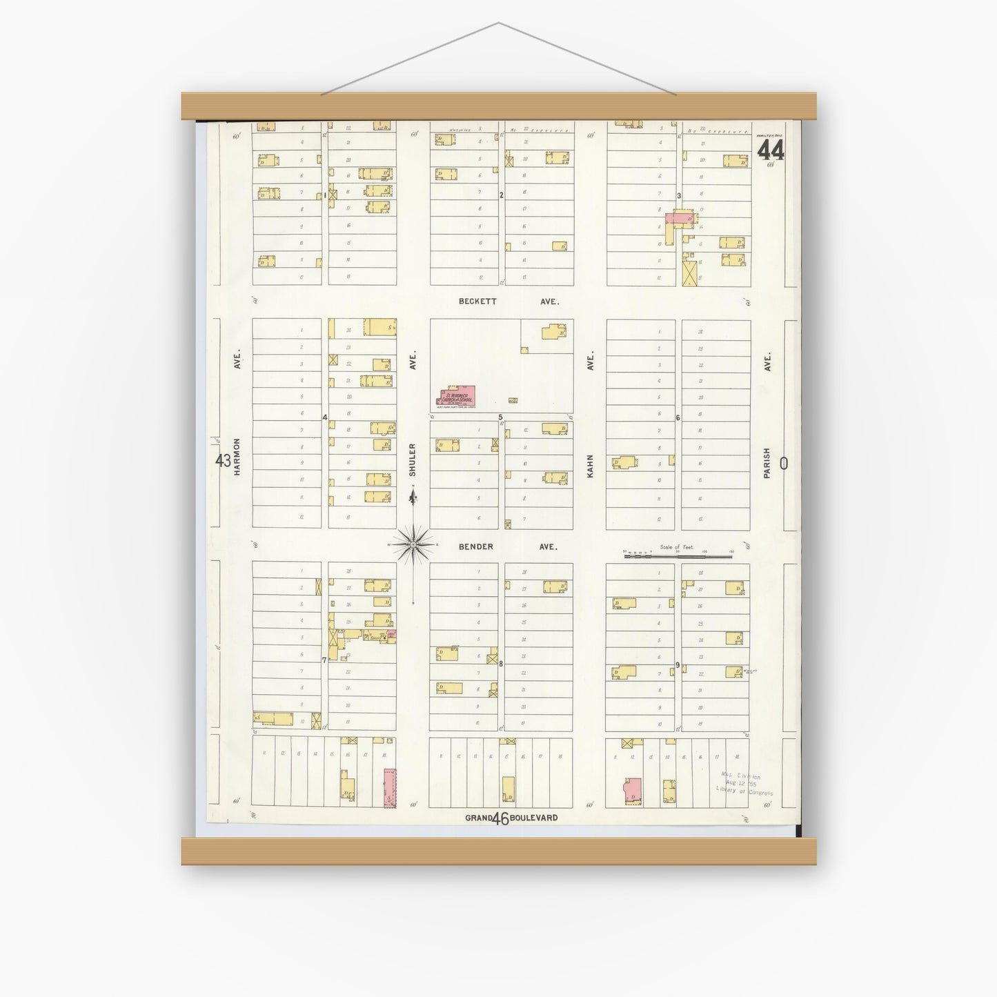 Old map wall art mockup — magnetic wood frame on white wall — Sanborn Fire Insurance Map from Hamilton, Butler County, Ohio (1899), Sheet #0044