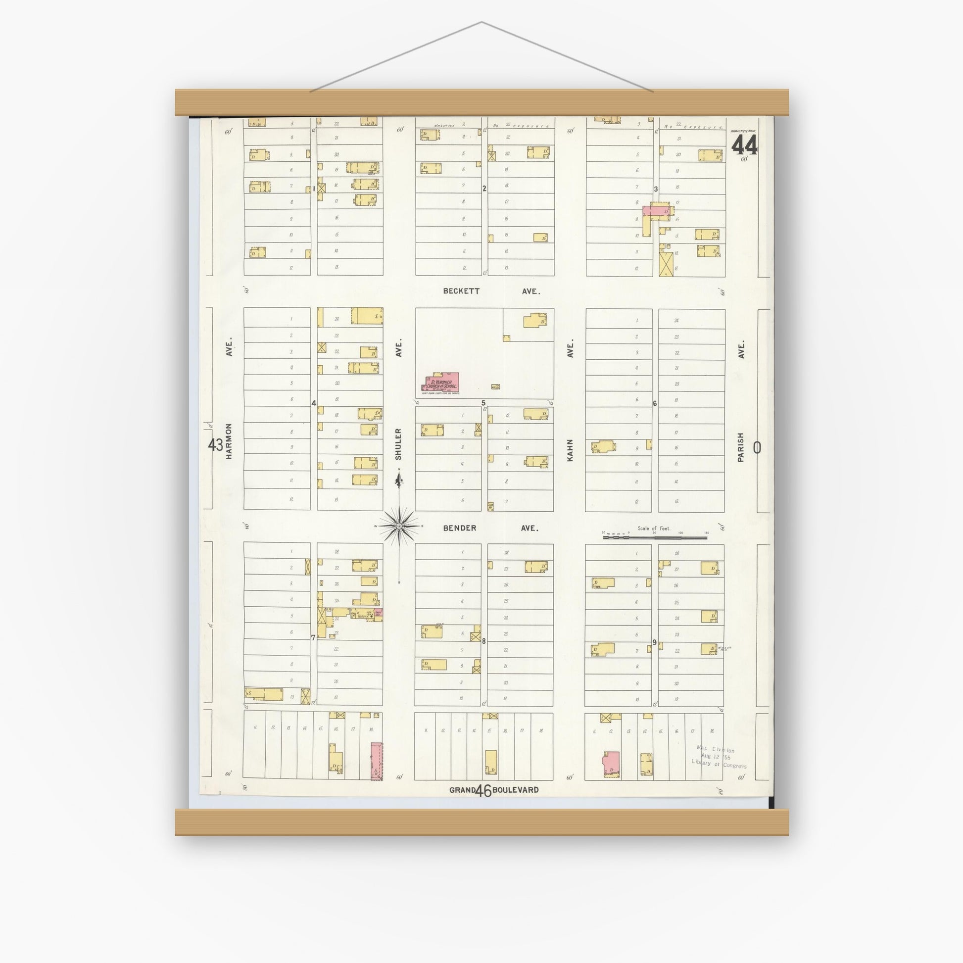 Old map wall art mockup — magnetic wood frame on white wall — Sanborn Fire Insurance Map from Hamilton, Butler County, Ohio (1899), Sheet #0044