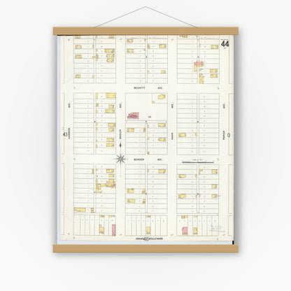 Old map wall art mockup — magnetic wood frame on white wall — Sanborn Fire Insurance Map from Hamilton, Butler County, Ohio (1899), Sheet #0044