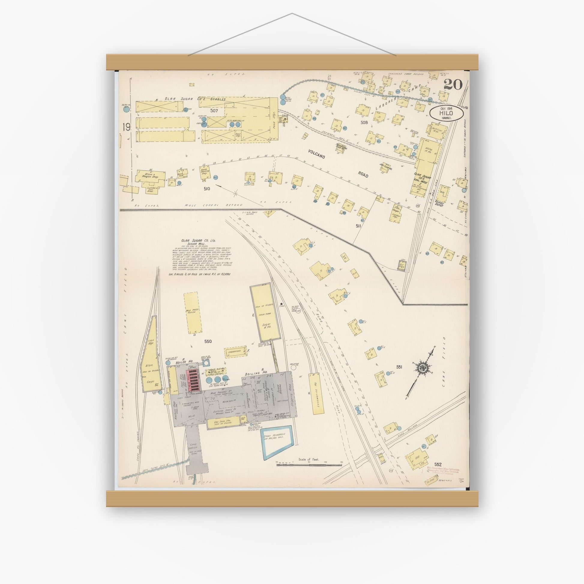 Old map wall art mockup — magnetic wood frame on white wall — Sanborn Fire Insurance Map from Hilo, Hawaii County, Hawaii (1914), Sheet #0020