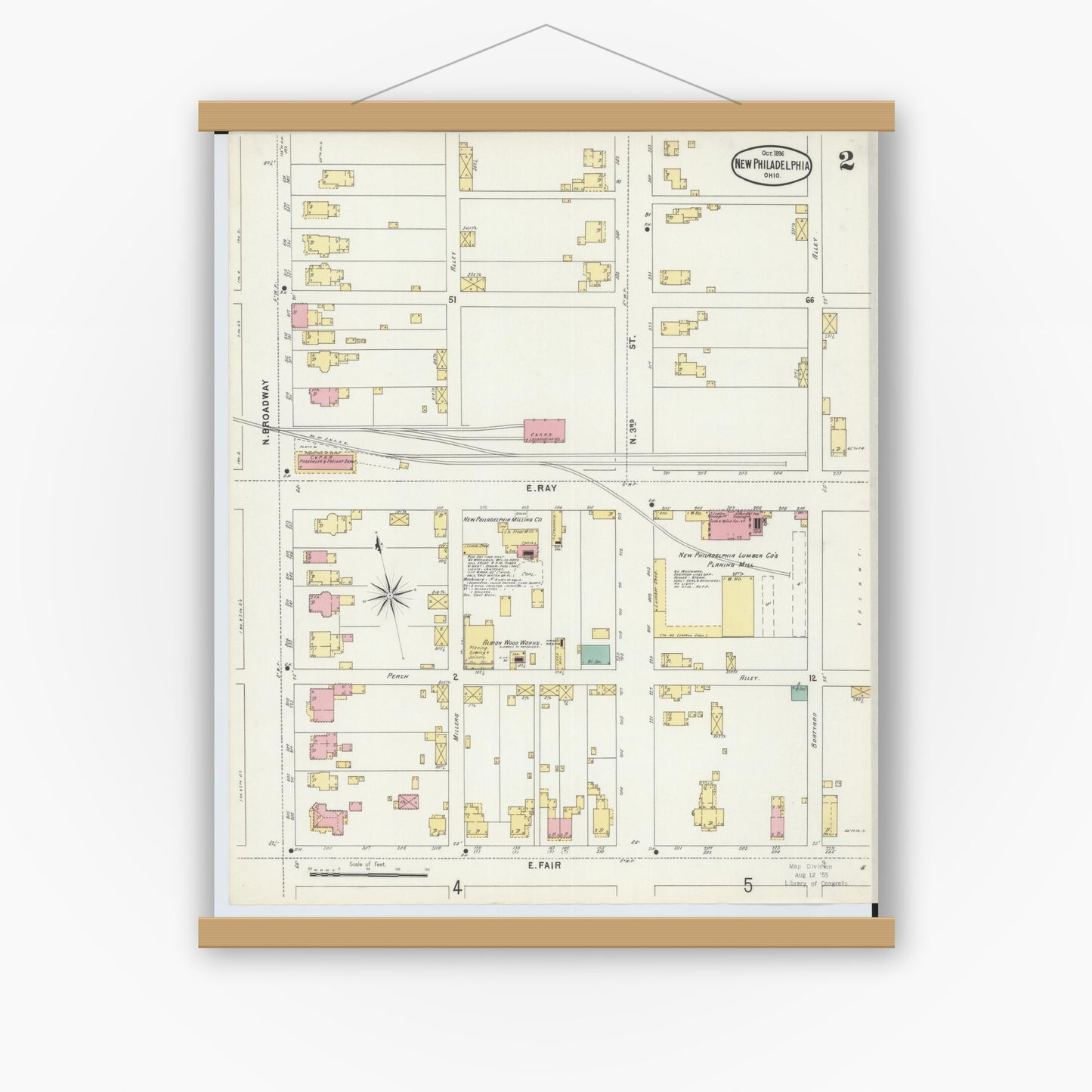 Old map wall art mockup — magnetic wood frame on white wall — Sanborn Fire Insurance Map from New Philadelphia, Tuscarawas County, Ohio (1896), Sheet #0002