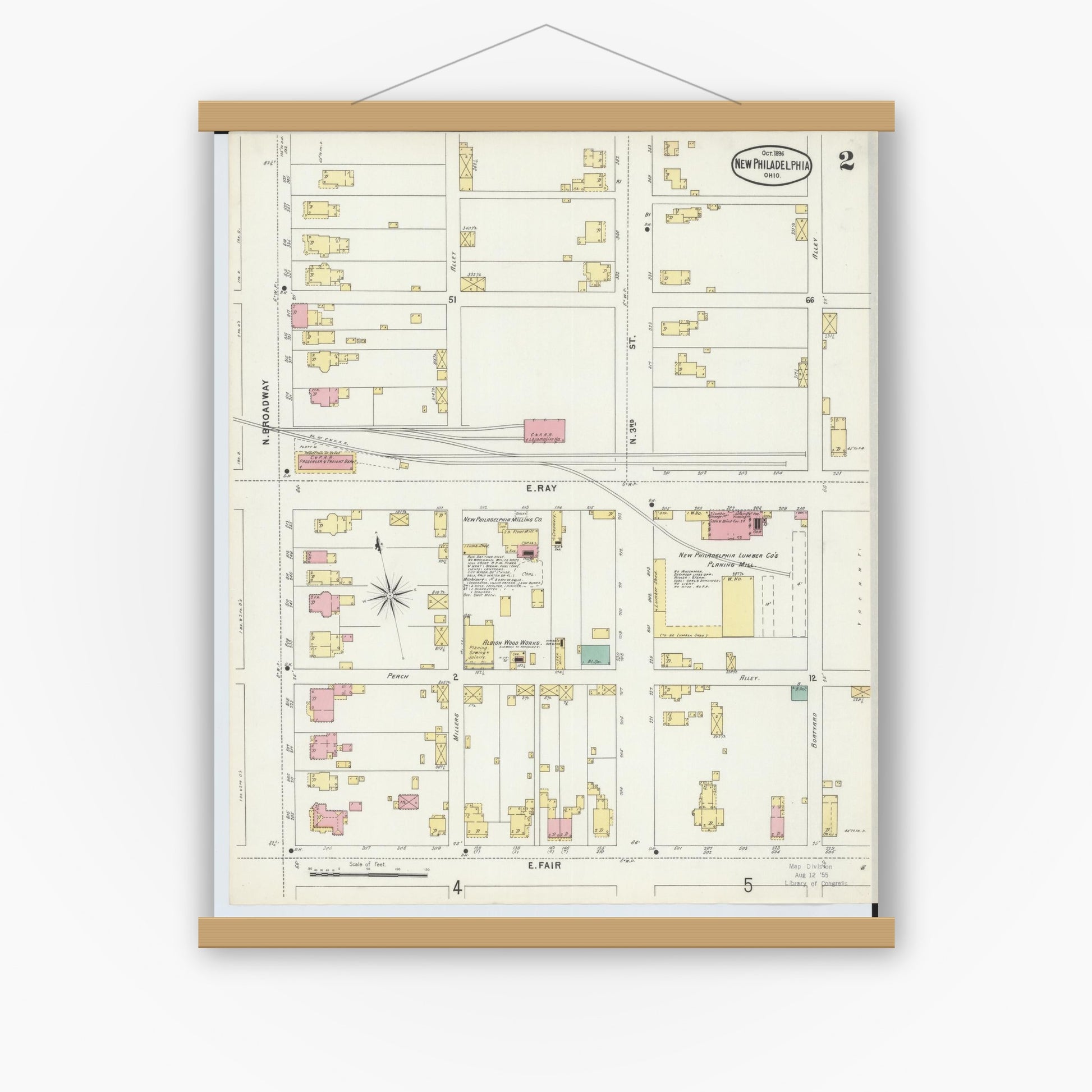 Old map wall art mockup — magnetic wood frame on white wall — Sanborn Fire Insurance Map from New Philadelphia, Tuscarawas County, Ohio (1896), Sheet #0002