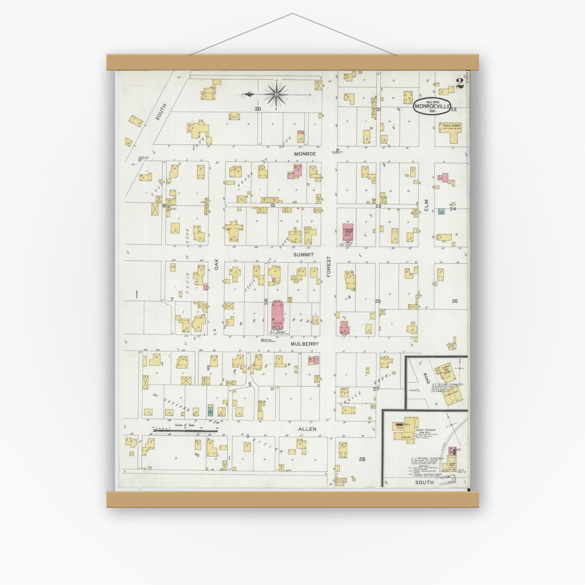 Old map wall art mockup — magnetic wood frame on white wall — Sanborn Fire Insurance Map from Monroeville, Allen County, Indiana (1900), Sheet #0002