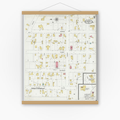 Old map wall art mockup — magnetic wood frame on white wall — Sanborn Fire Insurance Map from Monroeville, Allen County, Indiana (1900), Sheet #0002