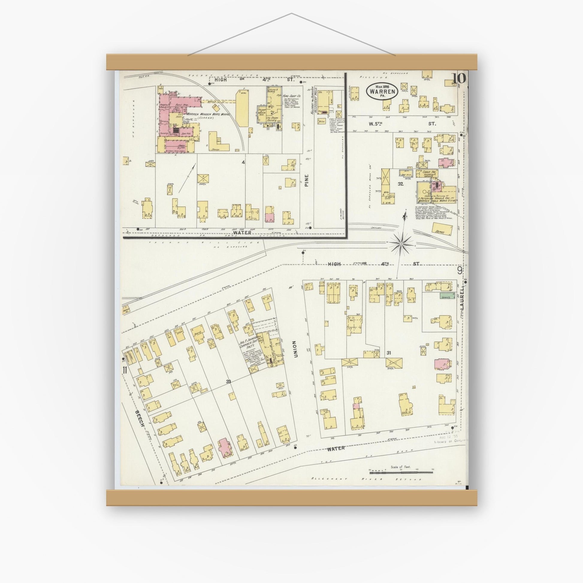 Old map wall art mockup — magnetic wood frame on white wall — Sanborn Fire Insurance Map from Warren, Warren County, Pennsylvania (1898), Sheet #0010