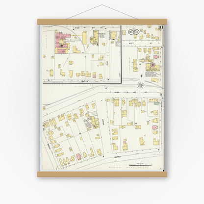 Old map wall art mockup — magnetic wood frame on white wall — Sanborn Fire Insurance Map from Warren, Warren County, Pennsylvania (1898), Sheet #0010