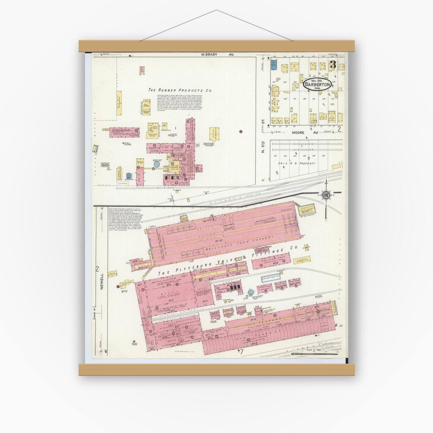 Old map wall art mockup — magnetic wood frame on white wall — Sanborn Fire Insurance Map from Barberton, Summit County, Ohio (1916), Sheet #0003