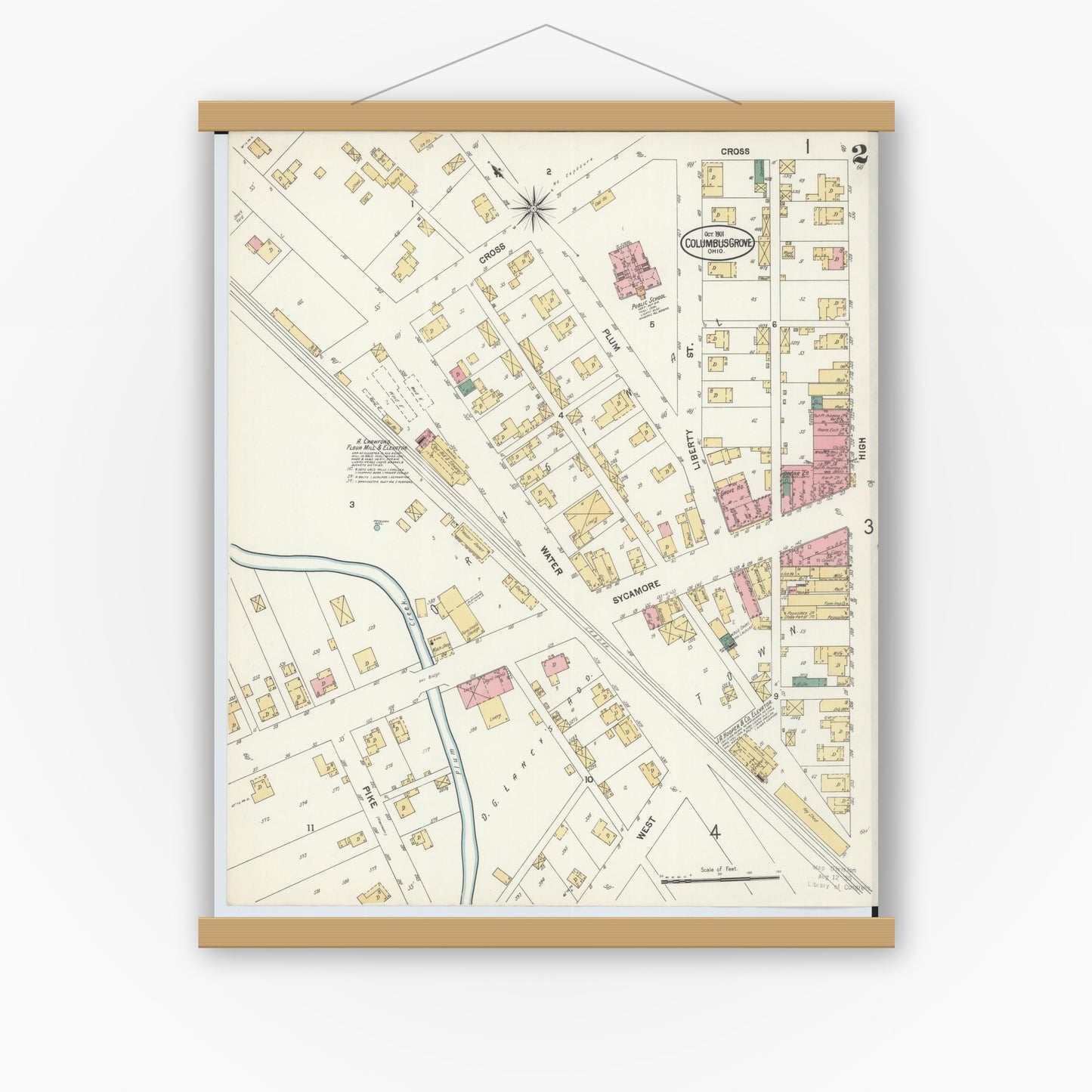 Old map wall art mockup — magnetic wood frame on white wall — Sanborn Fire Insurance Map from Columbus Grove, Putnam County, Ohio (1901), Sheet #0002