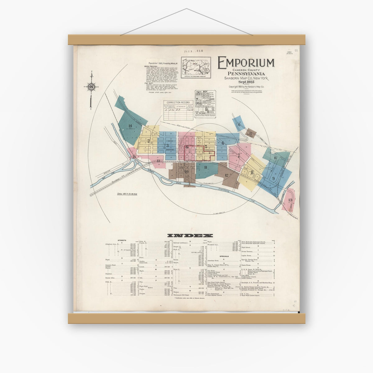 Old map wall art mockup — magnetic wood frame on white wall — Sanborn Fire Insurance Map from Emporium, Cameron County, Pennsylvania (1938) - Complete Map Set