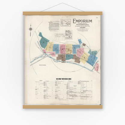 Old map wall art mockup — magnetic wood frame on white wall — Sanborn Fire Insurance Map from Emporium, Cameron County, Pennsylvania (1938) - Complete Map Set