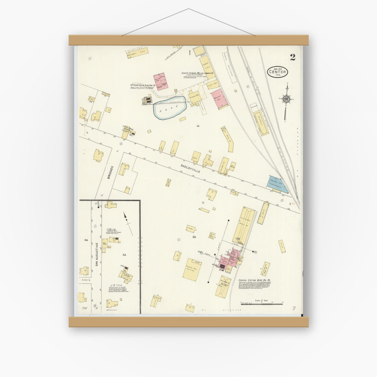 Old map wall art mockup — magnetic wood frame on white wall — Sanborn Fire Insurance Map from Center, Shelby County, Texas (1912), Sheet #0002