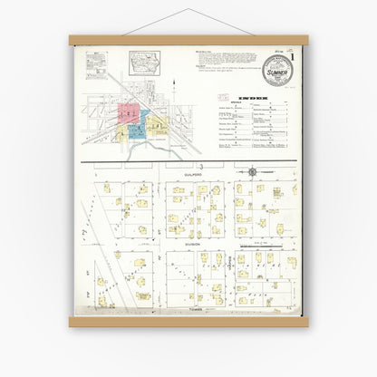 Old map wall art mockup — magnetic wood frame on white wall — Sanborn Fire Insurance Map from Sumner, Bremer County, Iowa (1913) â€” Complete Set