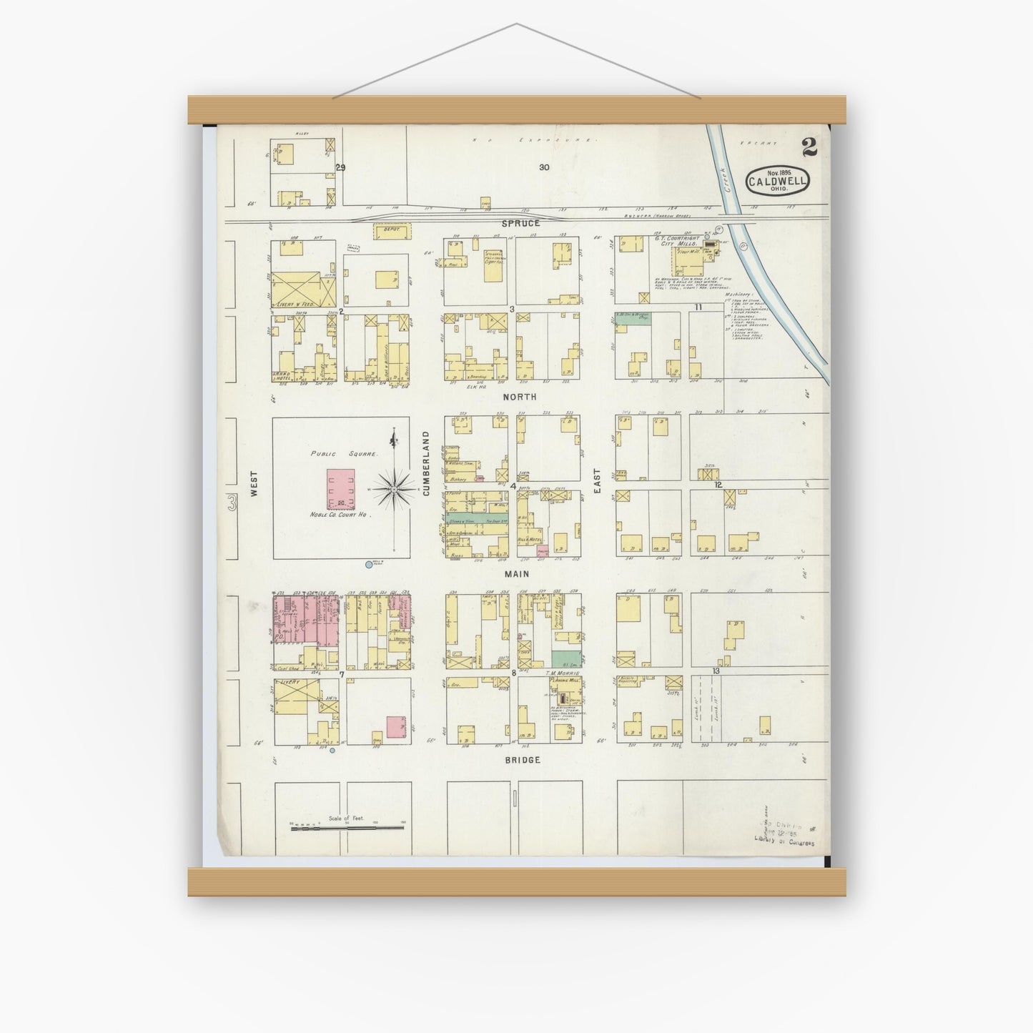 Old map wall art mockup — magnetic wood frame on white wall — Sanborn Fire Insurance Map from Caldwell, Noble County, Ohio (1895), Sheet #0002