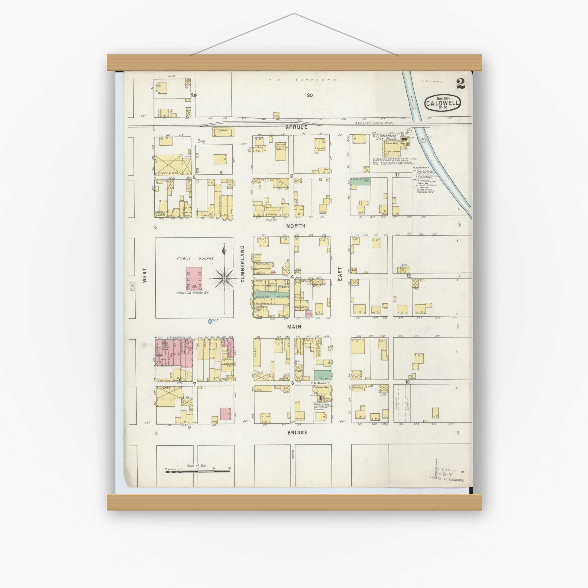 Old map wall art mockup — magnetic wood frame on white wall — Sanborn Fire Insurance Map from Caldwell, Noble County, Ohio (1895), Sheet #0002