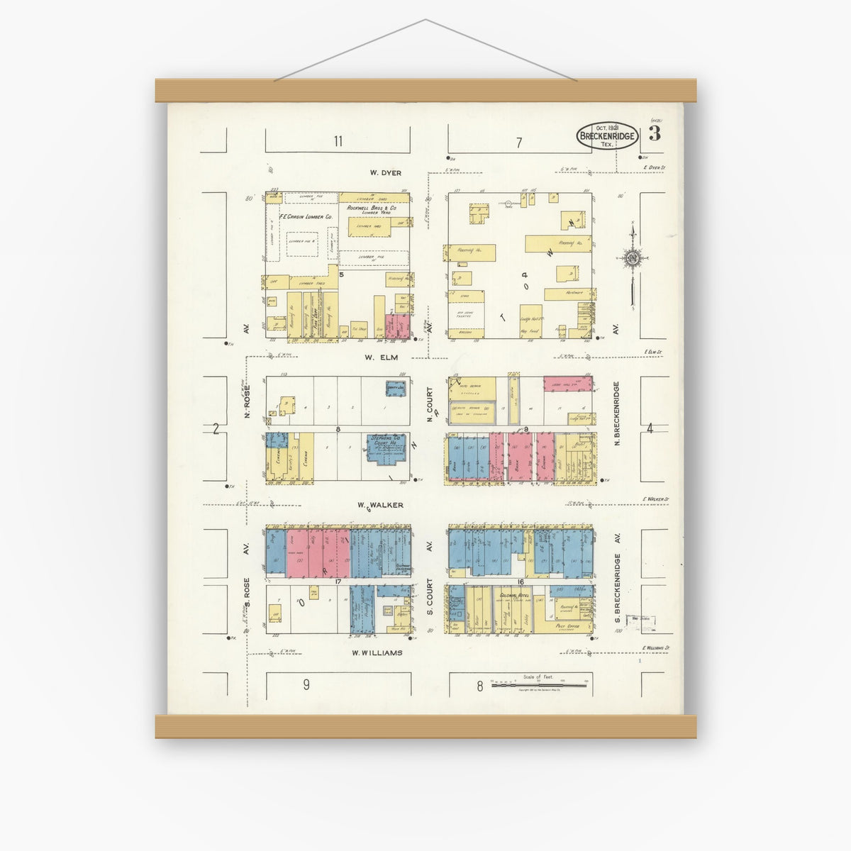 Old map wall art mockup — magnetic wood frame on white wall — Sanborn Fire Insurance Map from Breckenridge, Stephens County, Texas (1921), Sheet #0003