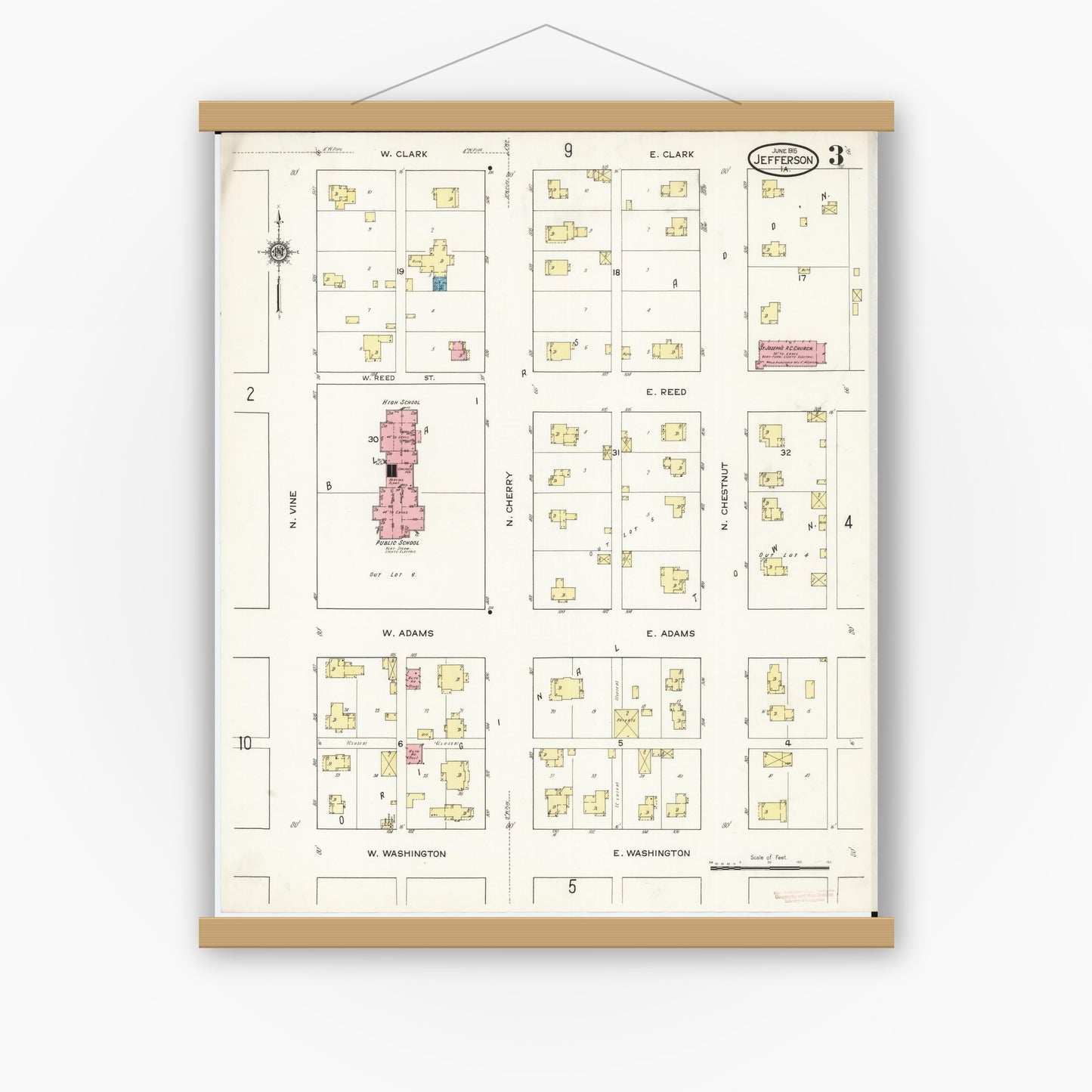 Old map wall art mockup — magnetic wood frame on white wall — Sanborn Fire Insurance Map from Jefferson, Greene County, Iowa (1915), Sheet #0003