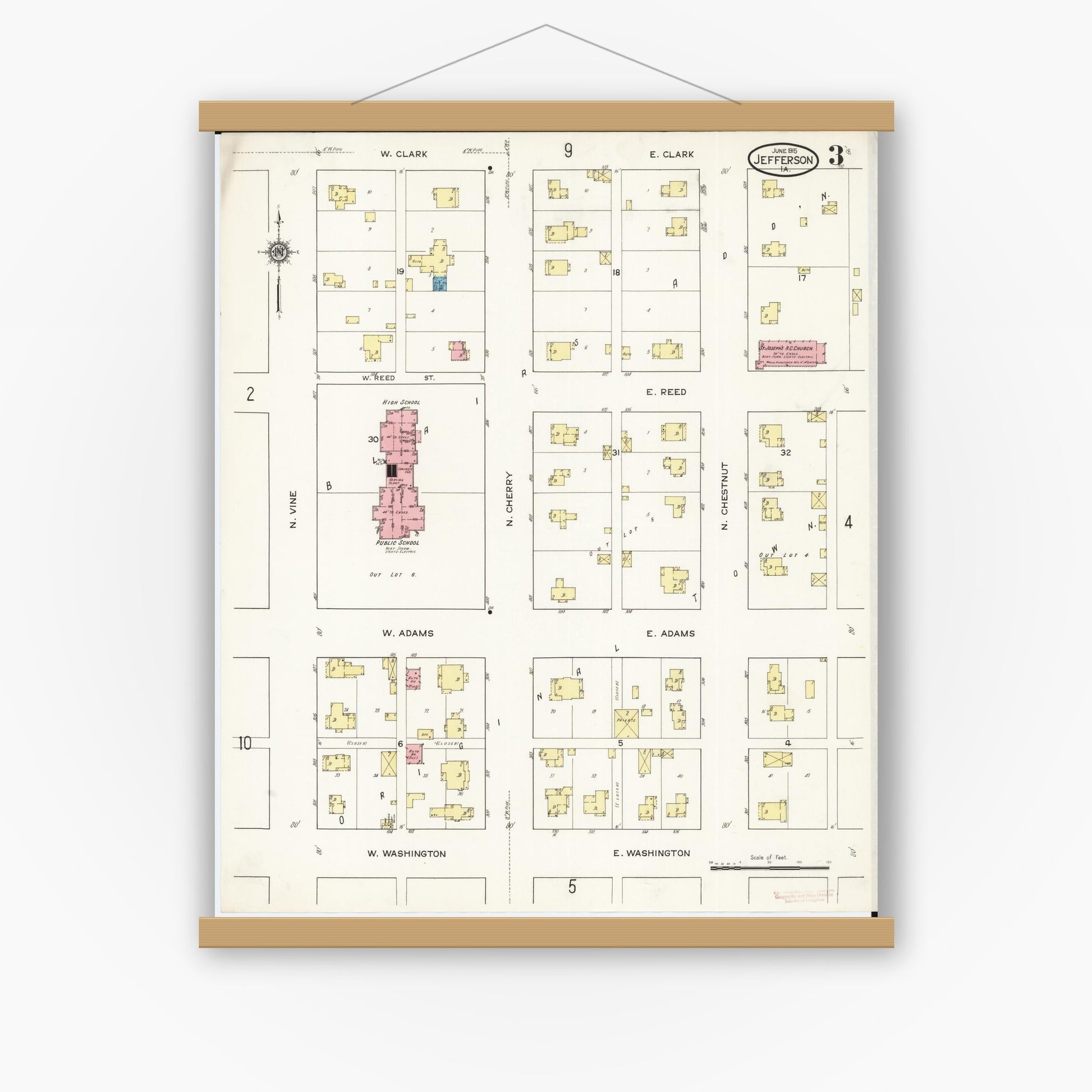 Old map wall art mockup — magnetic wood frame on white wall — Sanborn Fire Insurance Map from Jefferson, Greene County, Iowa (1915), Sheet #0003