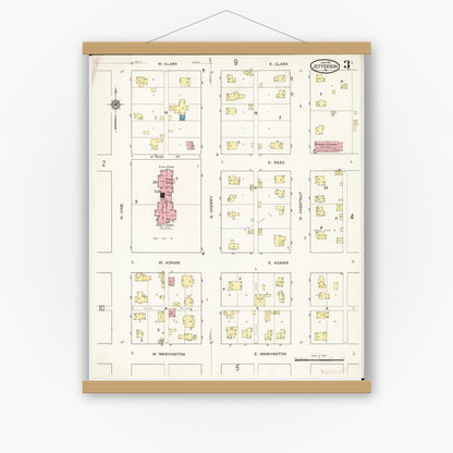 Old map wall art mockup — magnetic wood frame on white wall — Sanborn Fire Insurance Map from Jefferson, Greene County, Iowa (1915), Sheet #0003