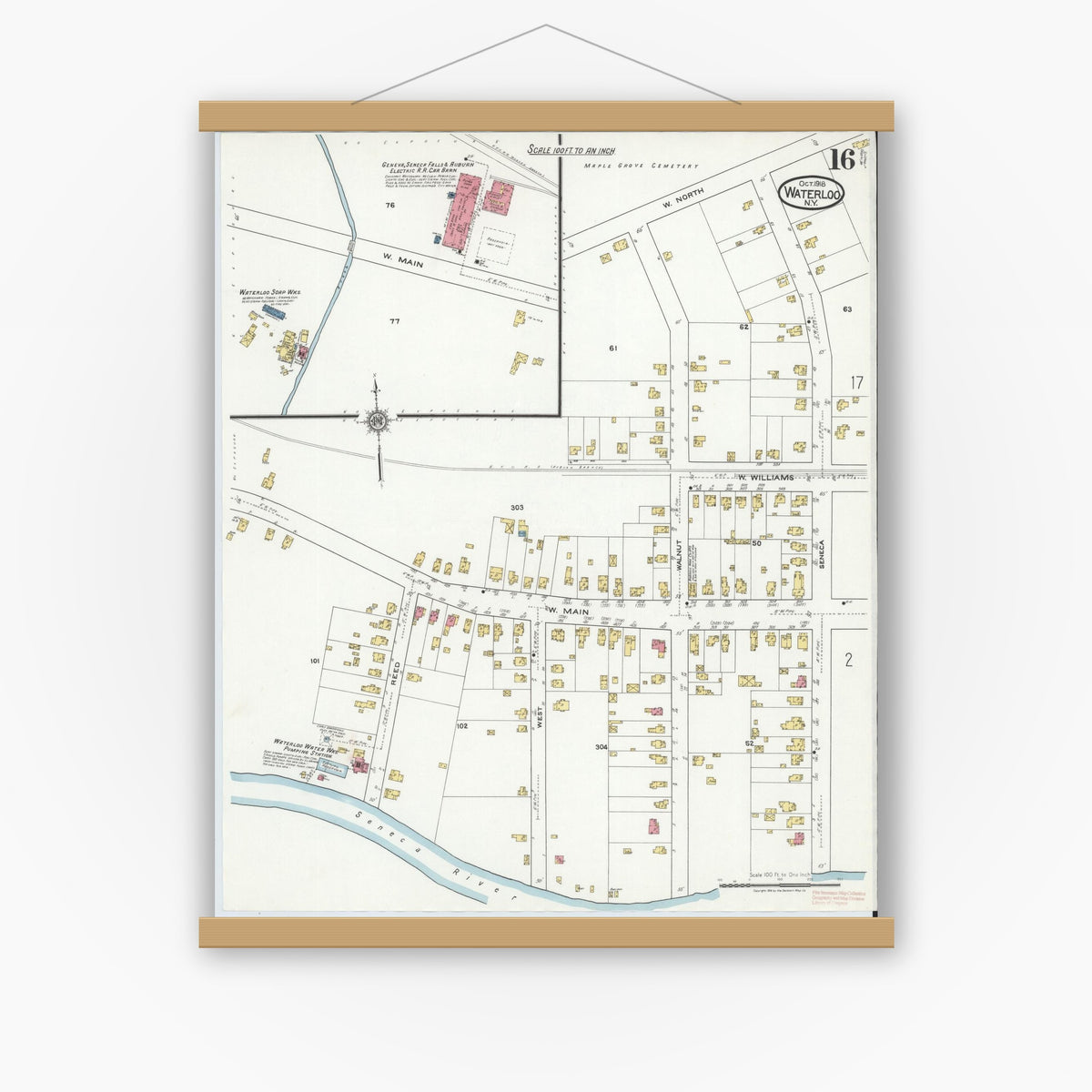 Old map wall art mockup — magnetic wood frame on white wall — Sanborn Fire Insurance Map from Waterloo, Seneca County, New York (1918), Sheet #0016