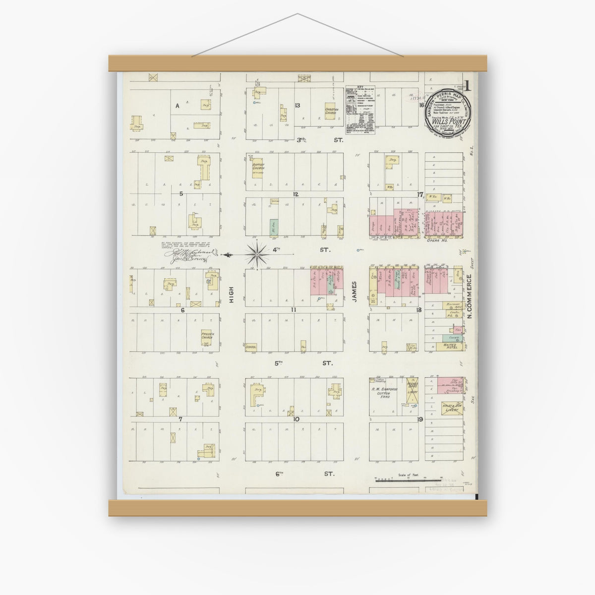 Old map wall art mockup — magnetic wood frame on white wall — Sanborn Fire Insurance Map from Wills Point, Van Zandt County, Texas (1891), Sheet #0001