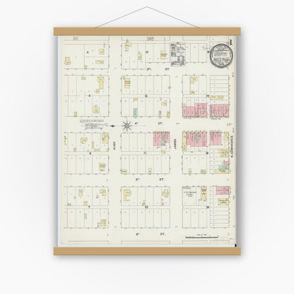 Old map wall art mockup — magnetic wood frame on white wall — Sanborn Fire Insurance Map from Wills Point, Van Zandt County, Texas (1891), Sheet #0001