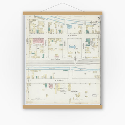 Old map wall art mockup — magnetic wood frame on white wall — Sanborn Fire Insurance Map from Dover, Morris County, New Jersey (1886), Sheet #0005