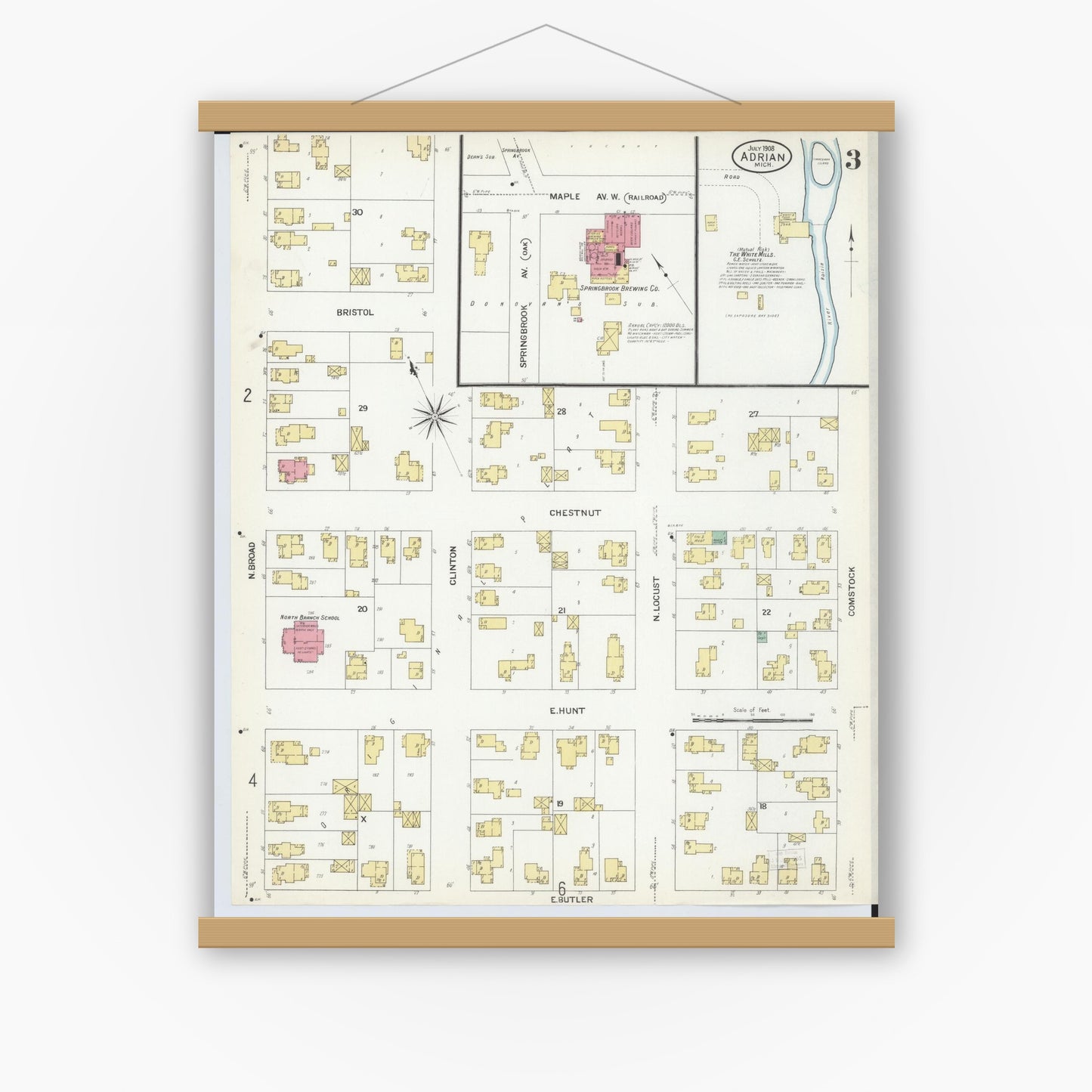Old map wall art mockup — magnetic wood frame on white wall — Sanborn Fire Insurance Map from Adrian, Lenawee County, Michigan (1908), Sheet #0003