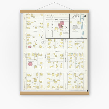 Old map wall art mockup — magnetic wood frame on white wall — Sanborn Fire Insurance Map from Adrian, Lenawee County, Michigan (1908), Sheet #0003