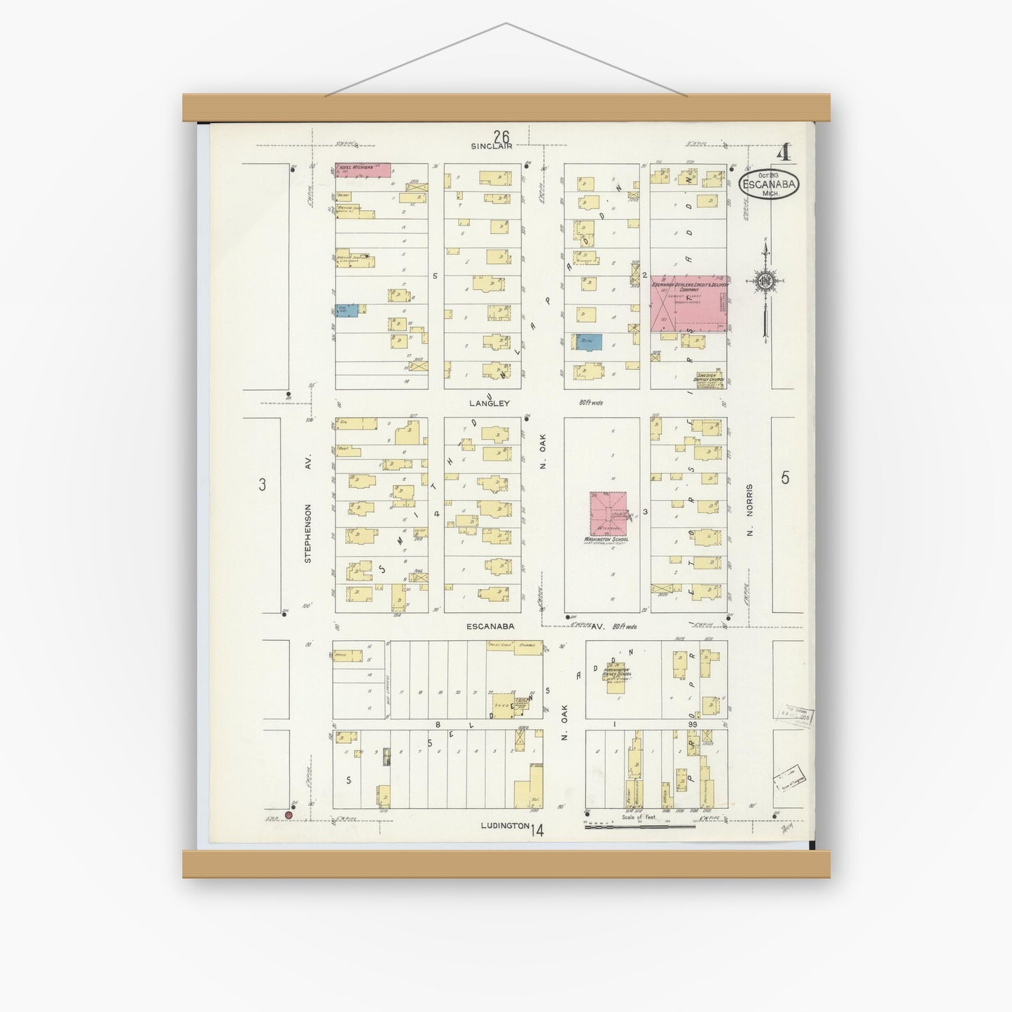 Old map wall art mockup — magnetic wood frame on white wall — Sanborn Fire Insurance Map from Escanaba, Delta County, Michigan (1913), Sheet #0004